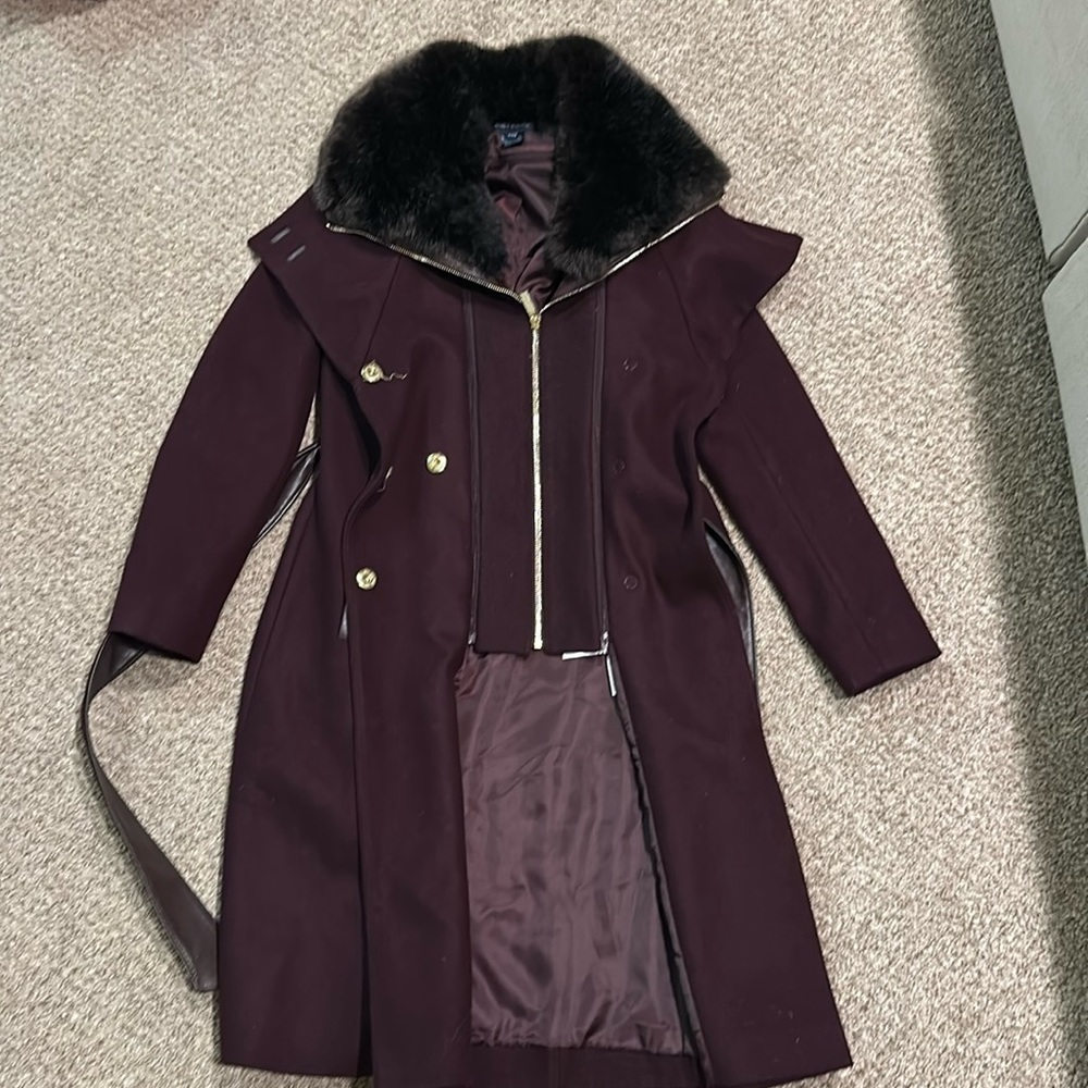 French Connection coat, faux leather trimming, removable lapel/faux fur collar